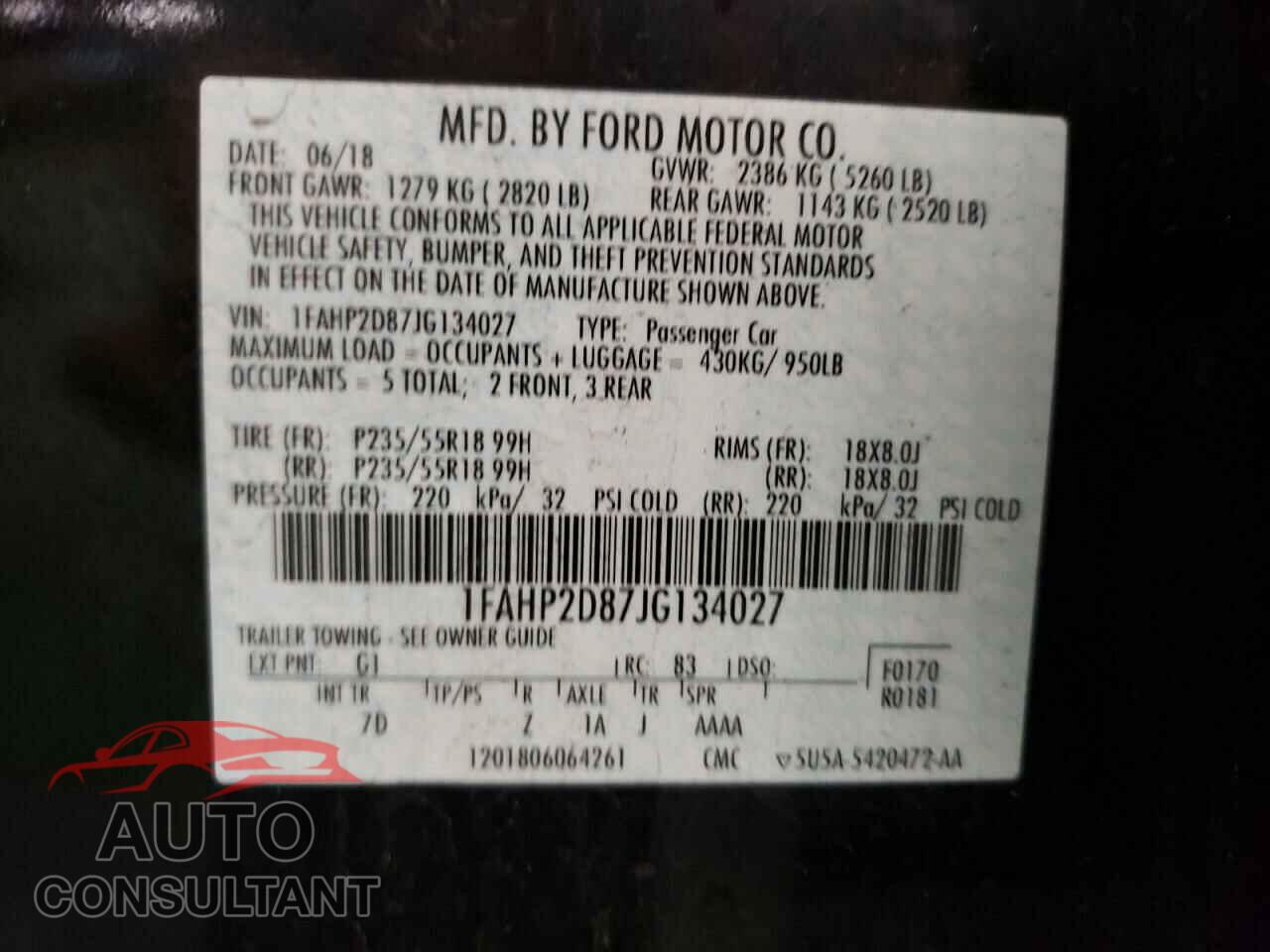 FORD TAURUS 2018 - 1FAHP2D87JG134027