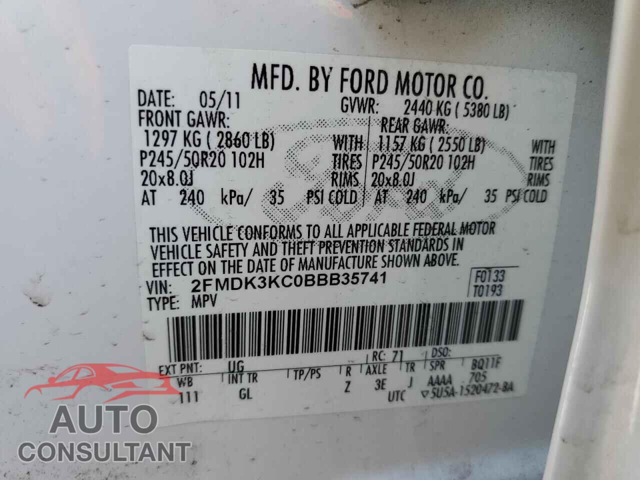 FORD EDGE 2011 - 2FMDK3KC0BBB35741