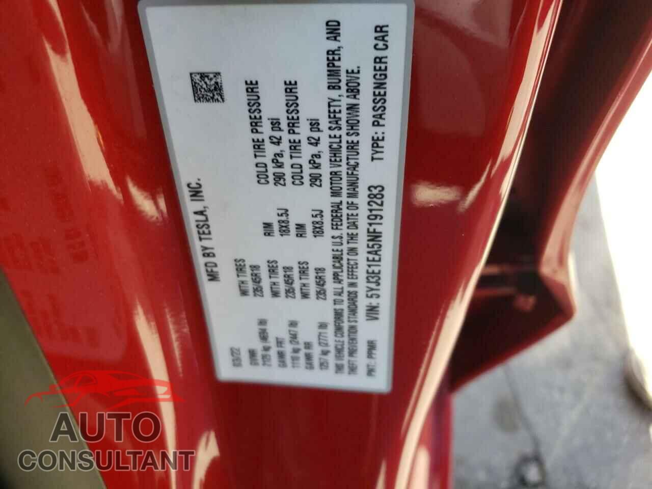 TESLA MODEL 3 2022 - 5YJ3E1EA5NF191283