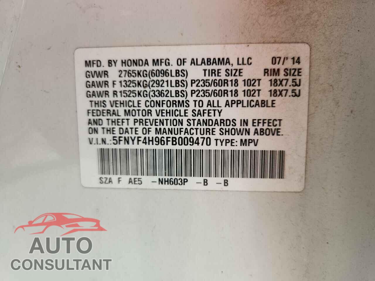 HONDA PILOT 2015 - 5FNYF4H96FB009470