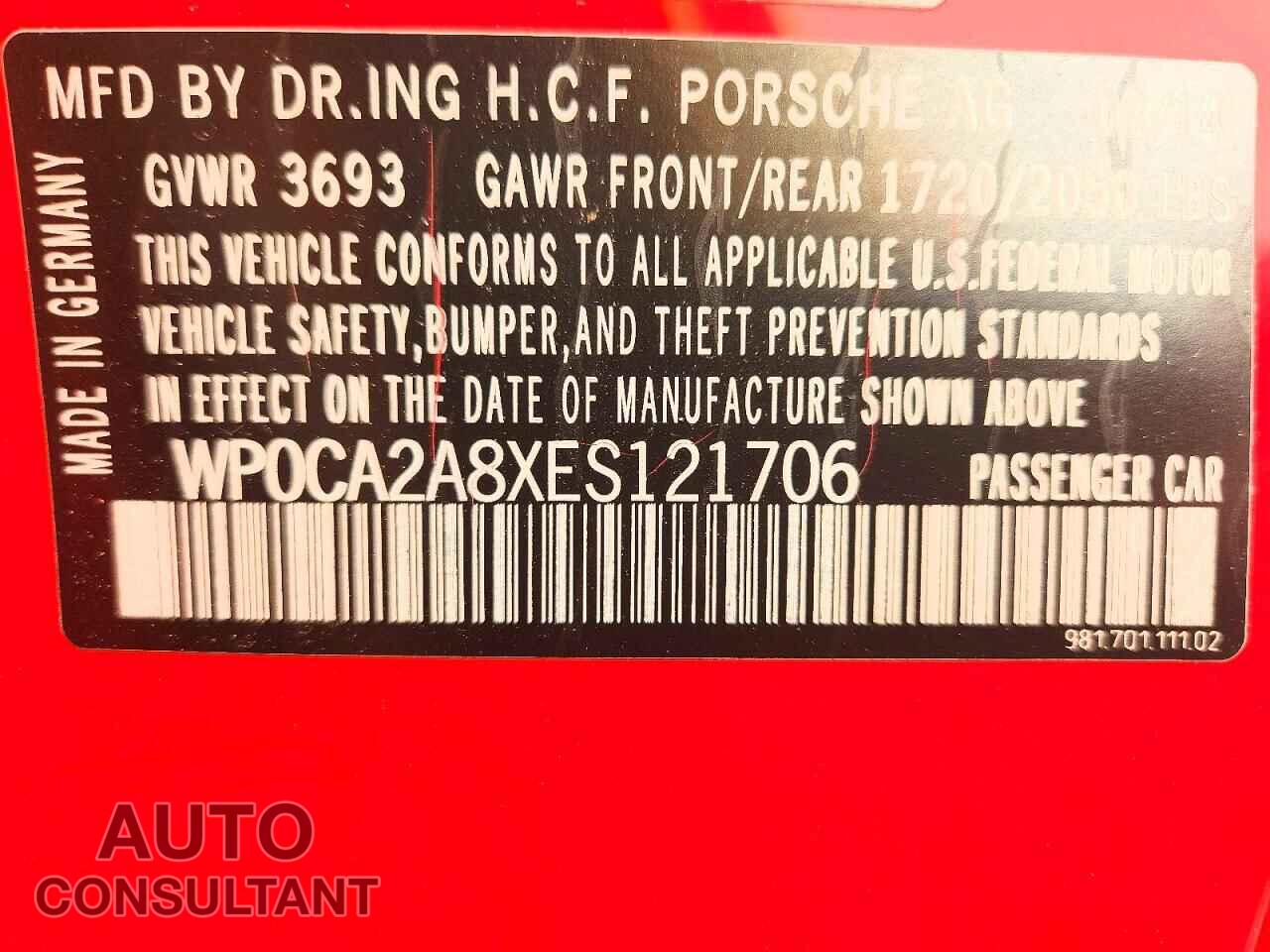PORSCHE BOXSTER 2014 - WP0CA2A8XES121706