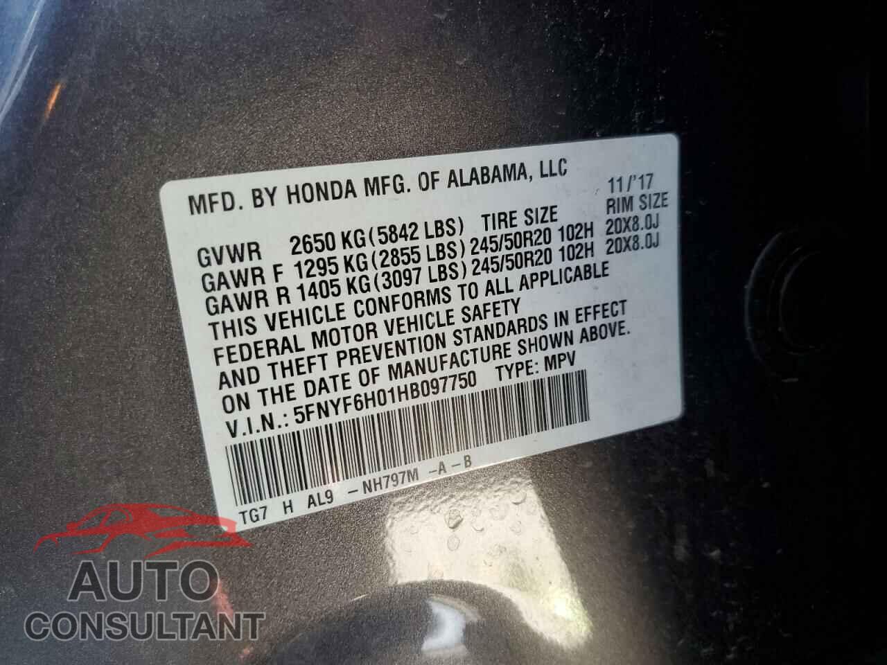 HONDA PILOT 2017 - 5FNYF6H01HB097750