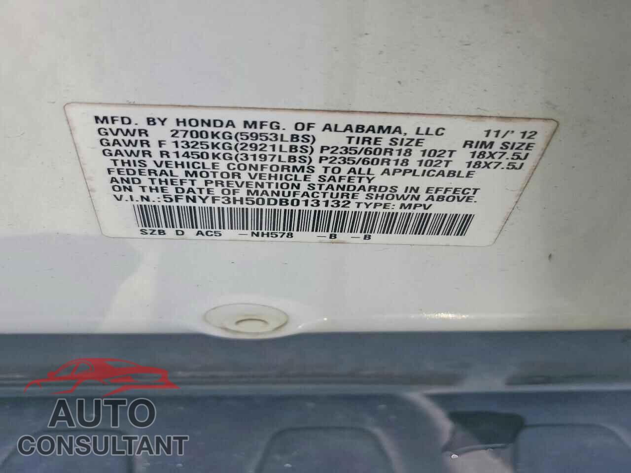 HONDA PILOT 2013 - 5FNYF3H50DB013132