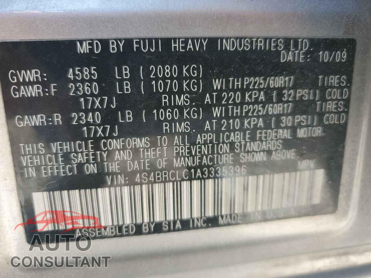 SUBARU OUTBACK 2010 - 4S4BRCLC1A3335396