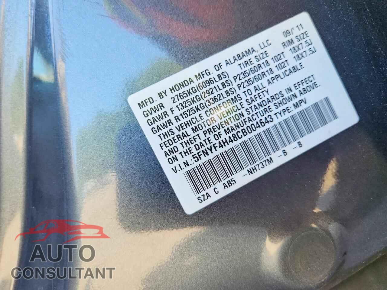 HONDA PILOT 2012 - 5FNYF4H48CB004643