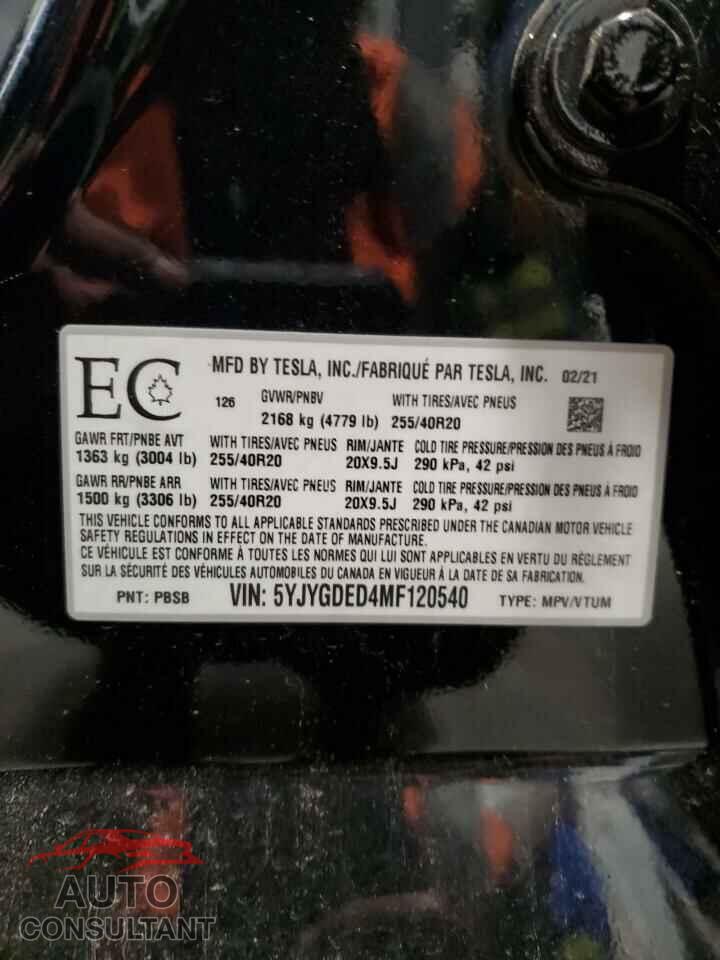 TESLA MODEL Y 2021 - 5YJYGDED4MF120540