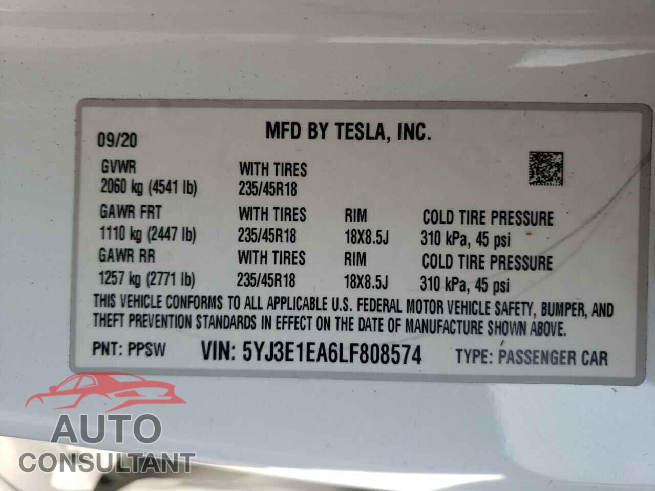 TESLA MODEL 3 2020 - 5YJ3E1EA6LF808574