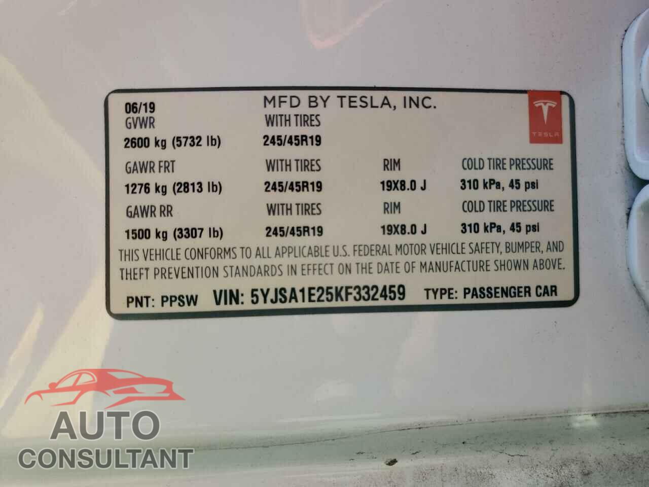 TESLA MODEL S 2019 - 5YJSA1E25KF332459