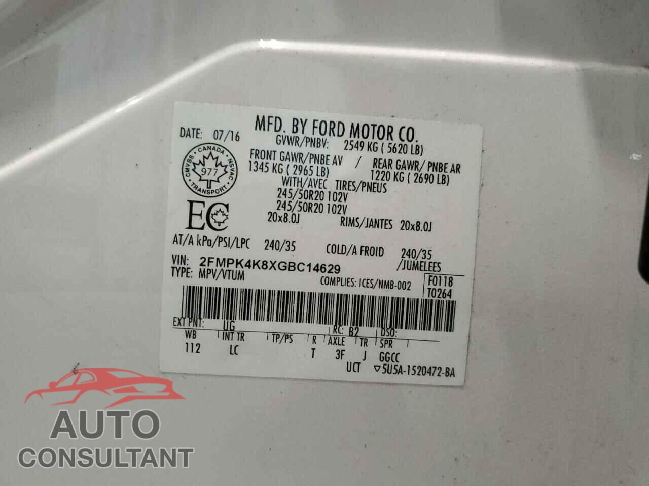 FORD EDGE 2016 - 2FMPK4K8XGBC14629