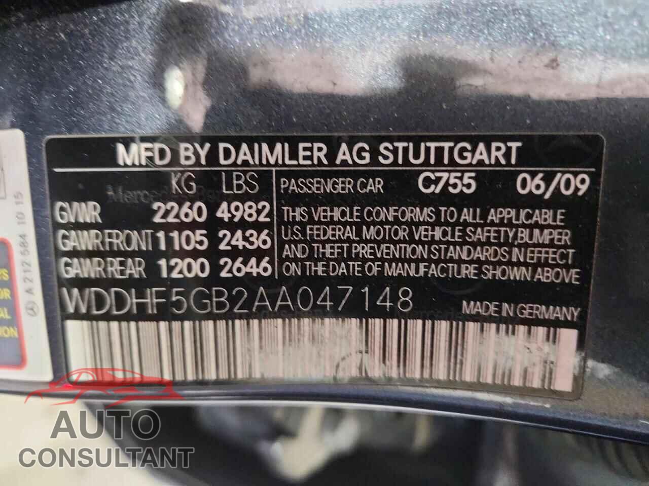 MERCEDES-BENZ E-CLASS 2010 - WDDHF5GB2AA047148