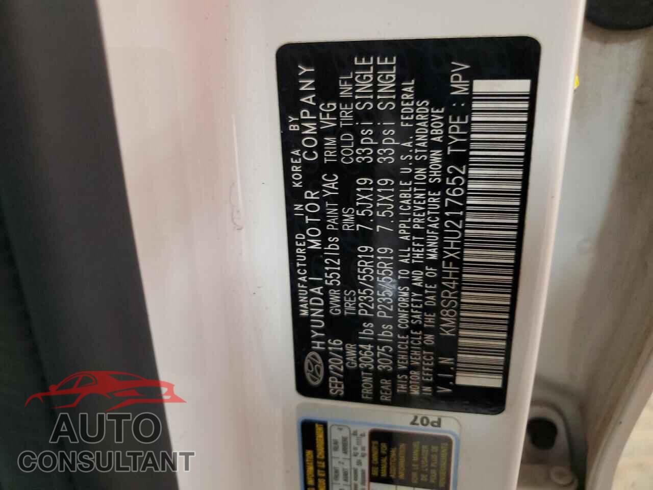 HYUNDAI SANTA FE 2017 - KM8SR4HFXHU217652