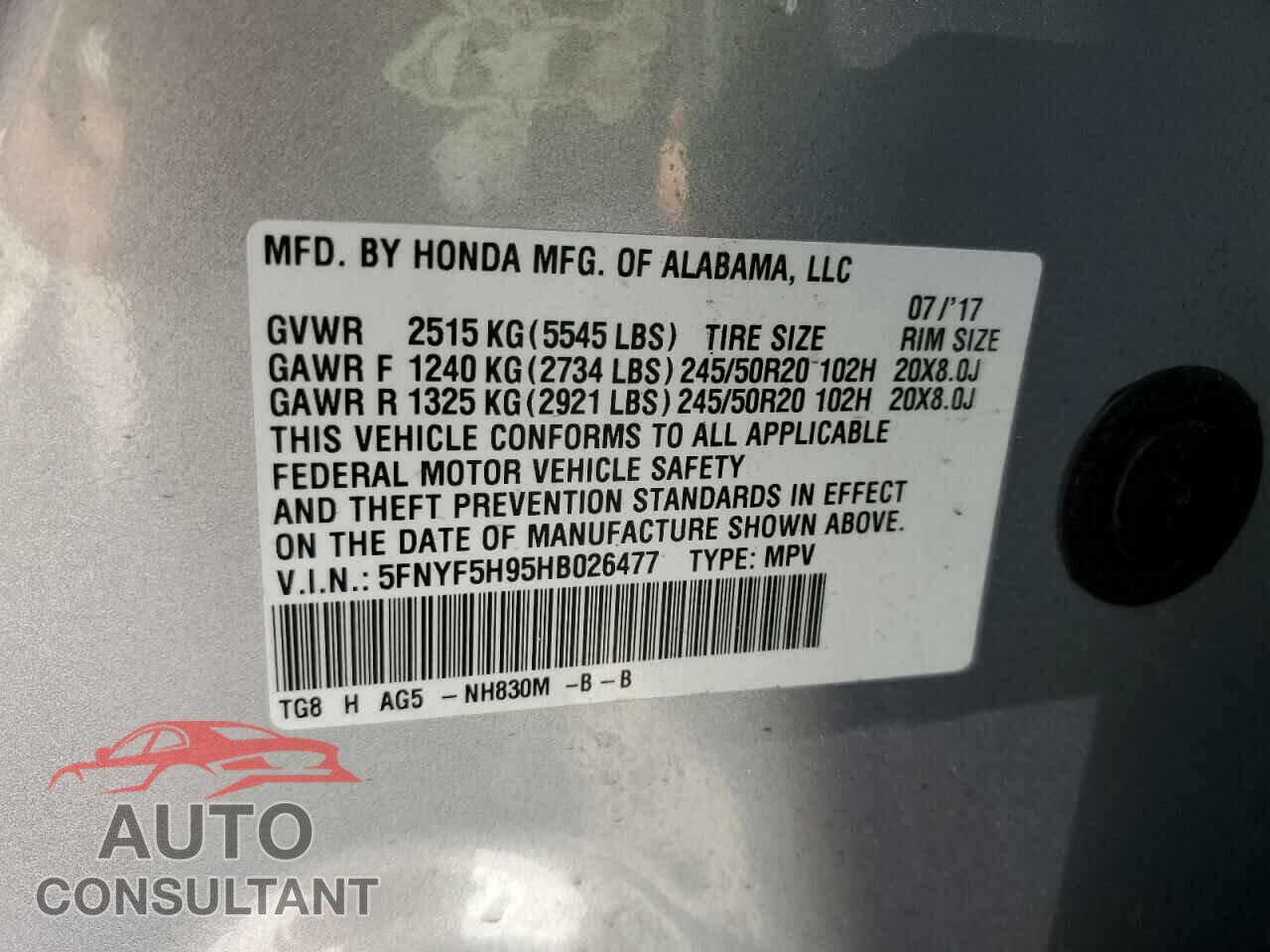 HONDA PILOT 2017 - 5FNYF5H95HB026477