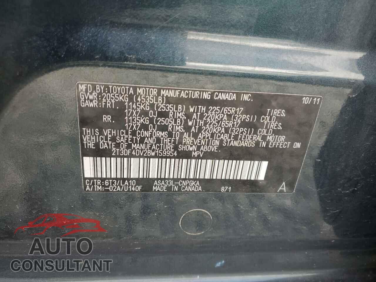 TOYOTA RAV4 2011 - 2T3DF4DV2BW159954