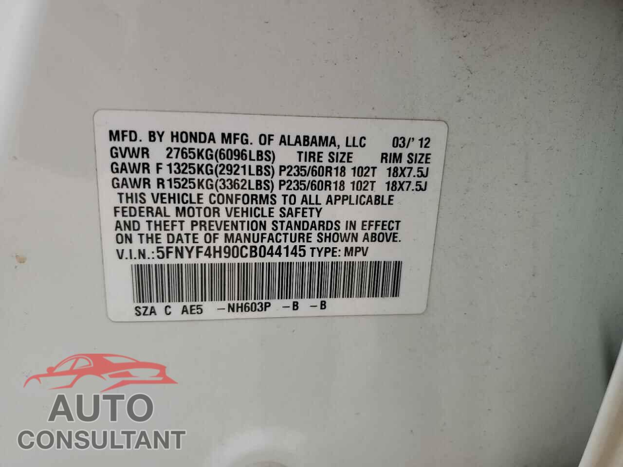 HONDA PILOT 2012 - 5FNYF4H90CB044145