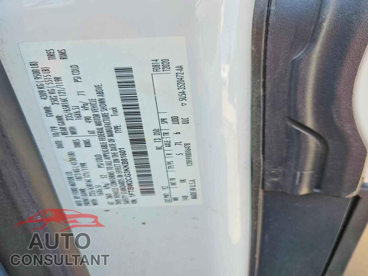 FORD TRANSIT 2019 - 1FTBW2CG3KKB81601