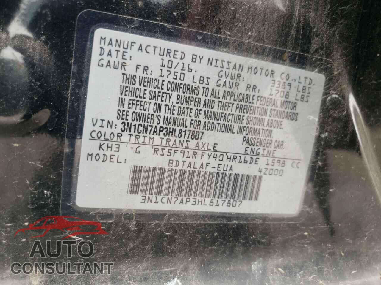 NISSAN VERSA 2017 - 3N1CN7AP3HL817807