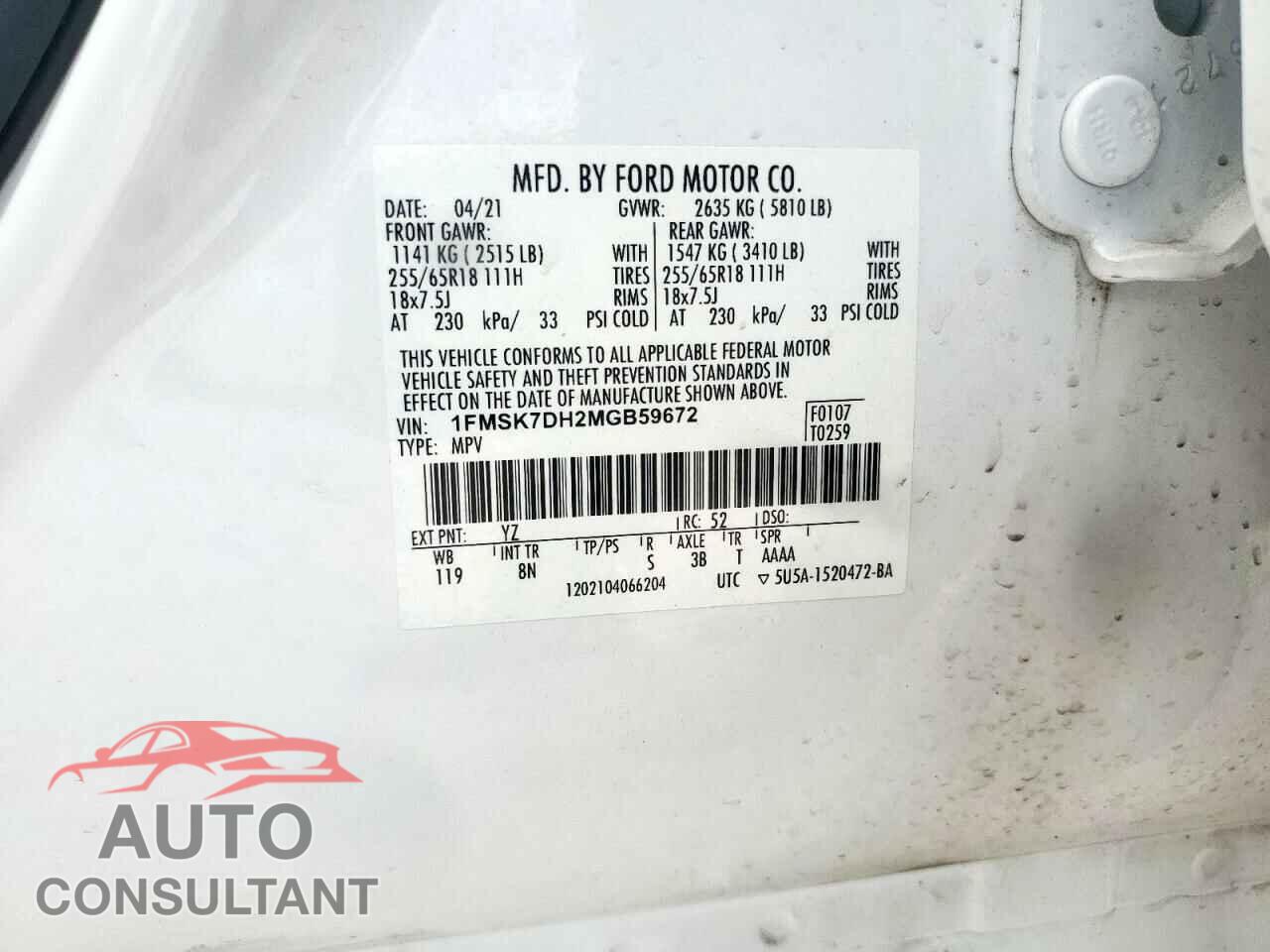 FORD EXPLORER 2021 - 1FMSK7DH2MGB59672