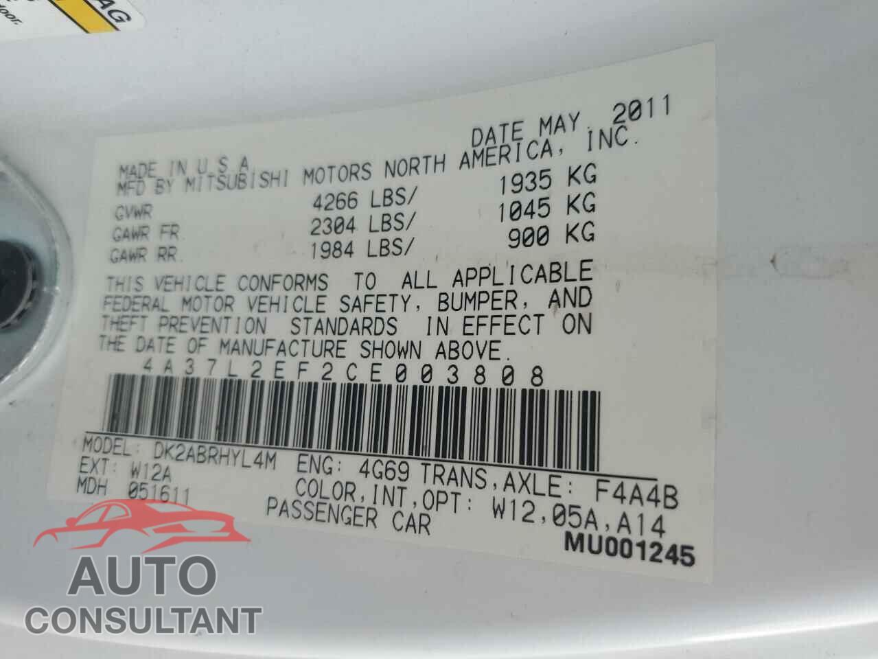 MITSUBISHI ECLIPSE 2012 - 4A37L2EF2CE003808