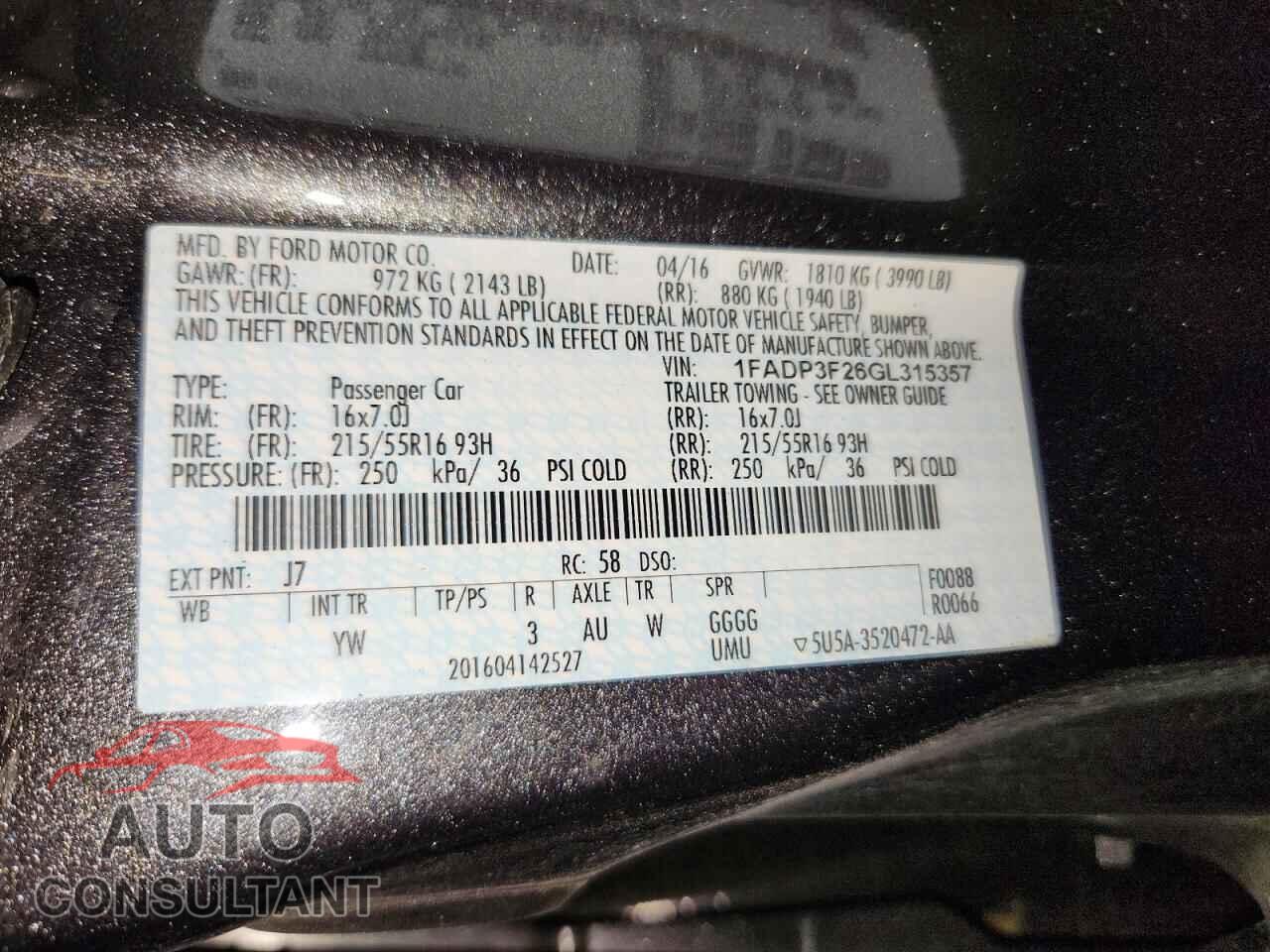 FORD FOCUS 2016 - 1FADP3F26GL315357