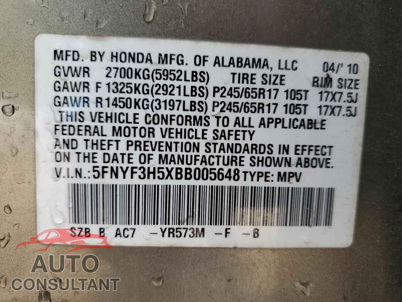 HONDA PILOT 2011 - 5FNYF3H5XBB005648