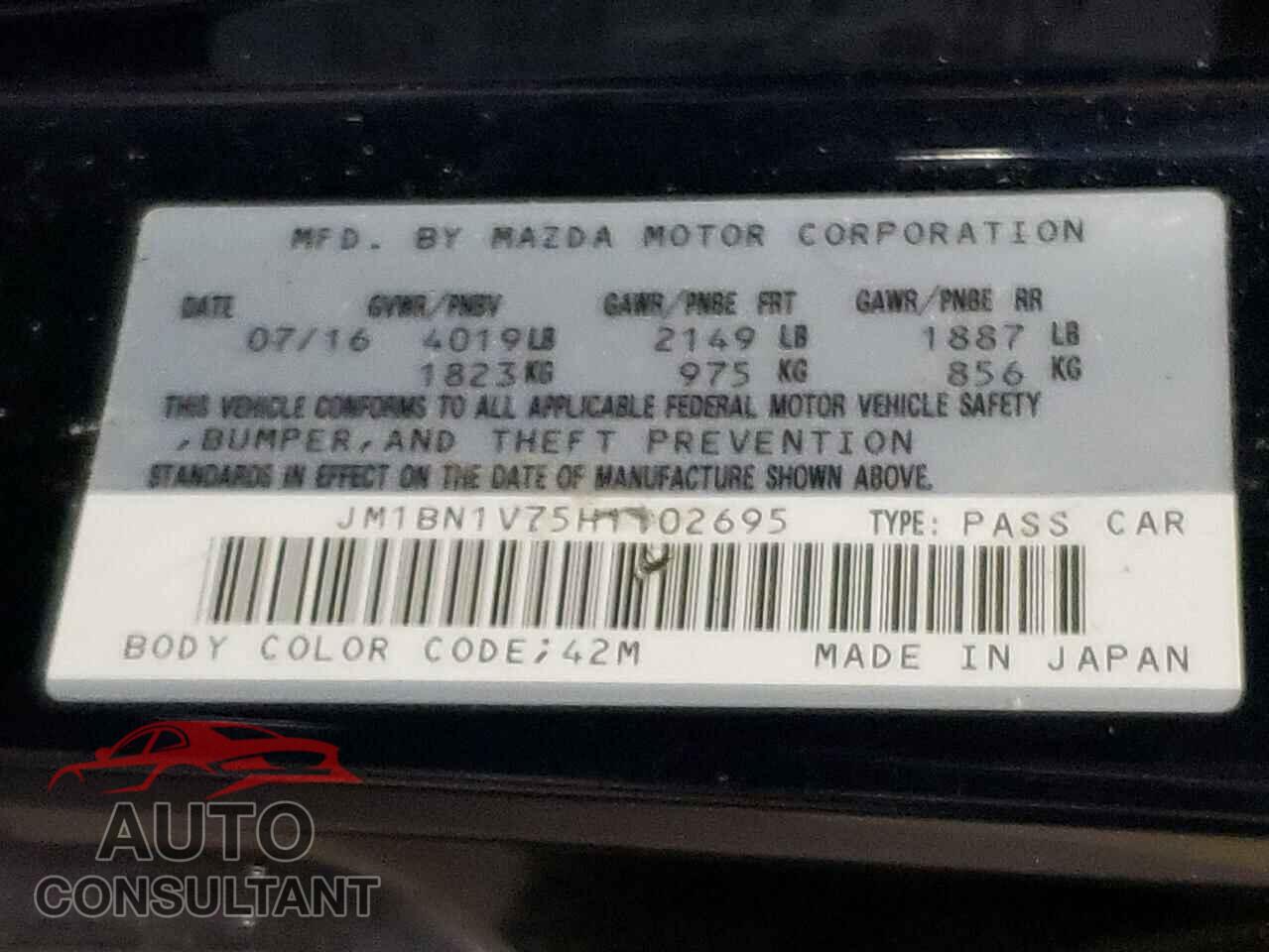 MAZDA 3 2017 - JM1BN1V75H1102695