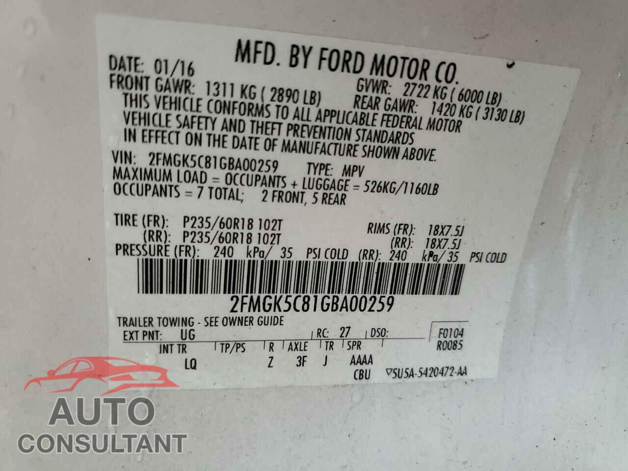 FORD FLEX 2016 - 2FMGK5C81GBA00259