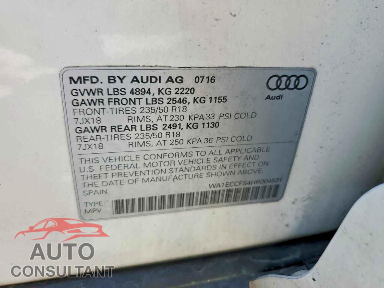 AUDI Q3 2017 - WA1ECCFS4HR004531