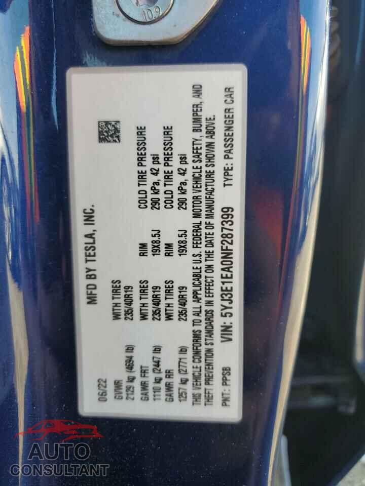 TESLA MODEL 3 2022 - 5YJ3E1EA0NF287399