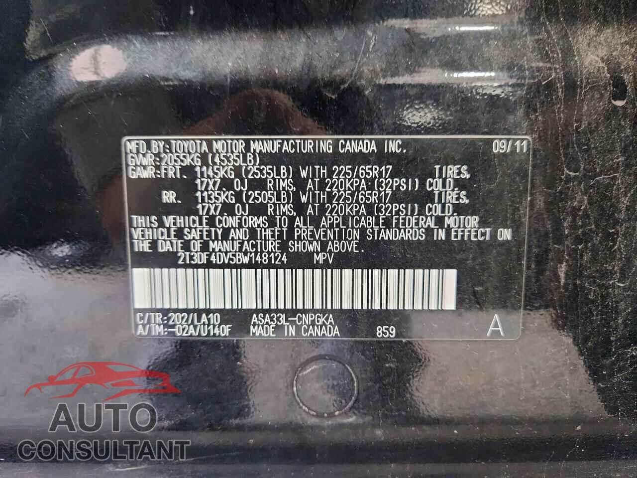 TOYOTA RAV4 2011 - 2T3DF4DV5BW148124