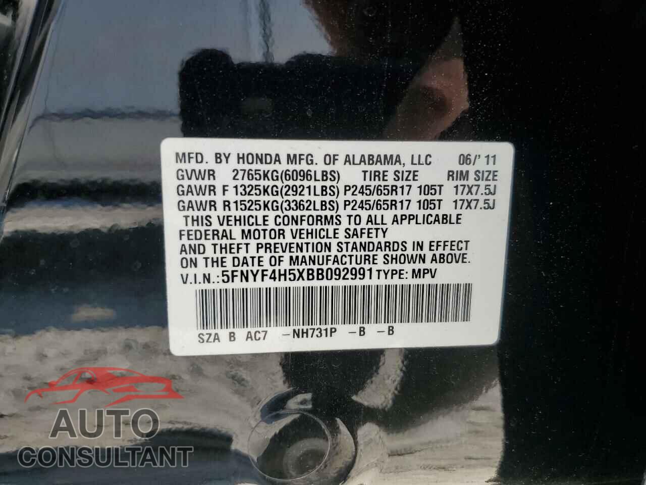 HONDA PILOT 2011 - 5FNYF4H5XBB092991