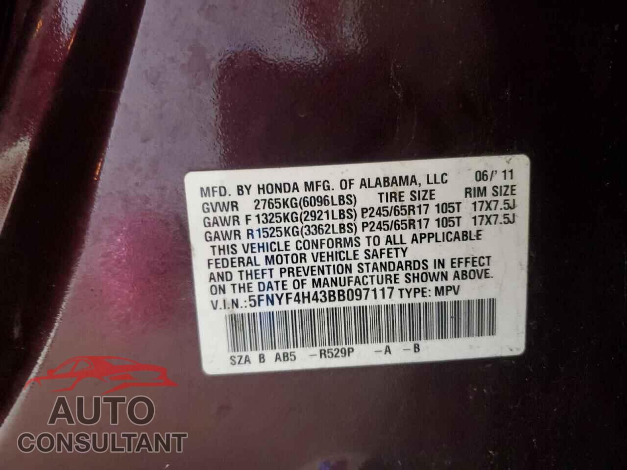 HONDA PILOT 2011 - 5FNYF4H43BB097117
