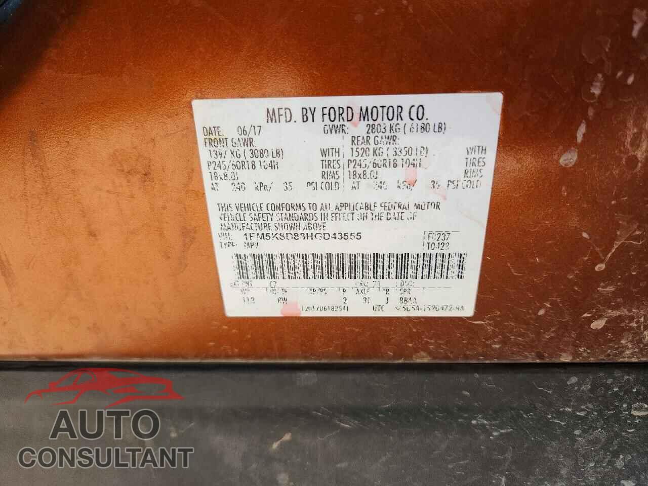 FORD EXPLORER 2017 - 1FM5K8D88HGD43555