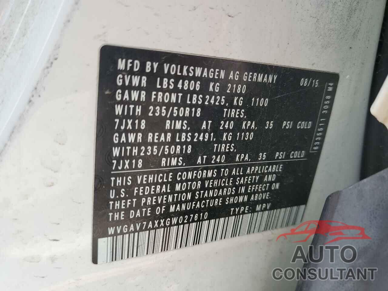 VOLKSWAGEN TIGUAN 2016 - WVGAV7AXXGW027610