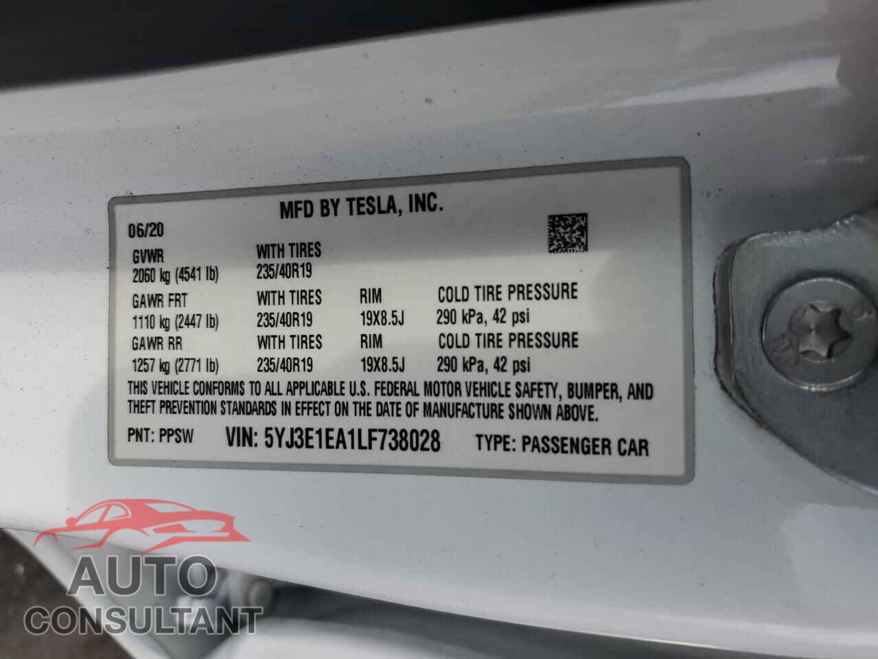 TESLA MODEL 3 2020 - 5YJ3E1EA1LF738028