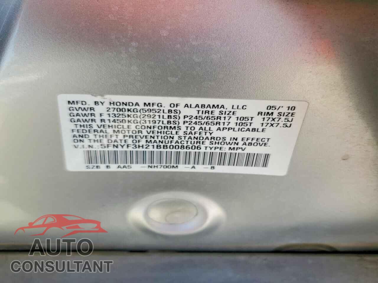 HONDA PILOT 2011 - 5FNYF3H21BB008606