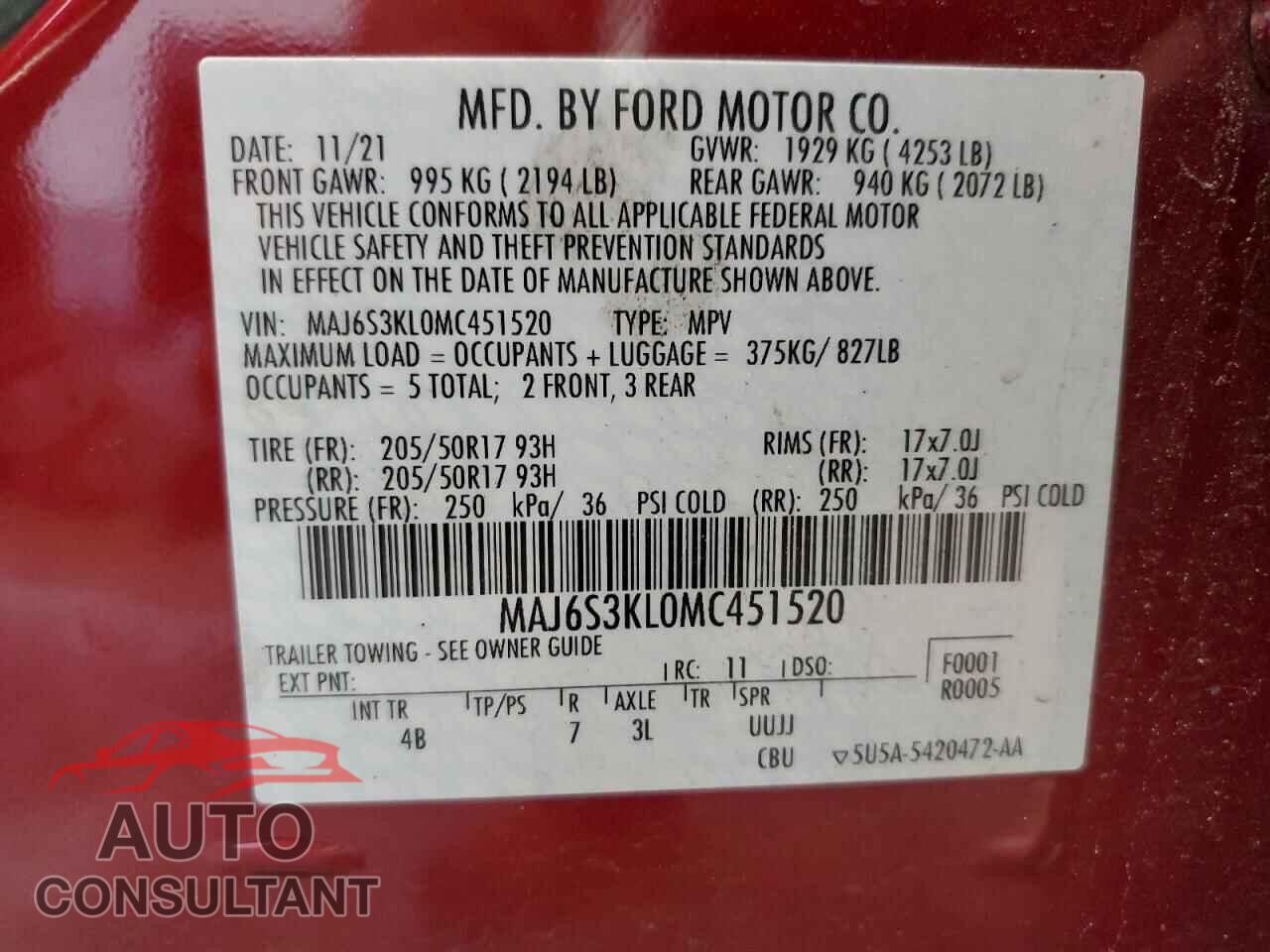 FORD ECOSPORT 2021 - MAJ6S3KL0MC451520