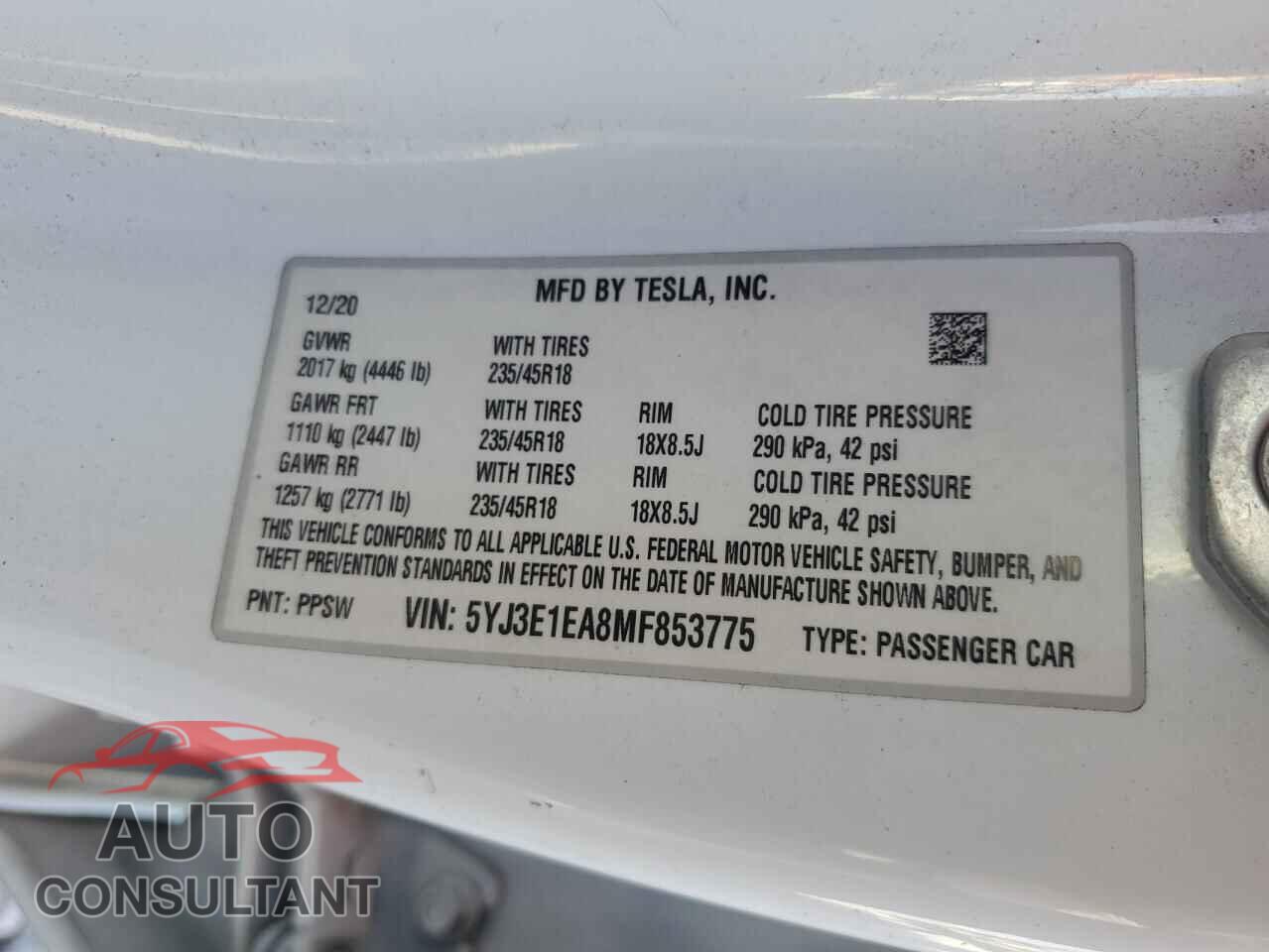 TESLA MODEL 3 2021 - 5YJ3E1EA8MF853775