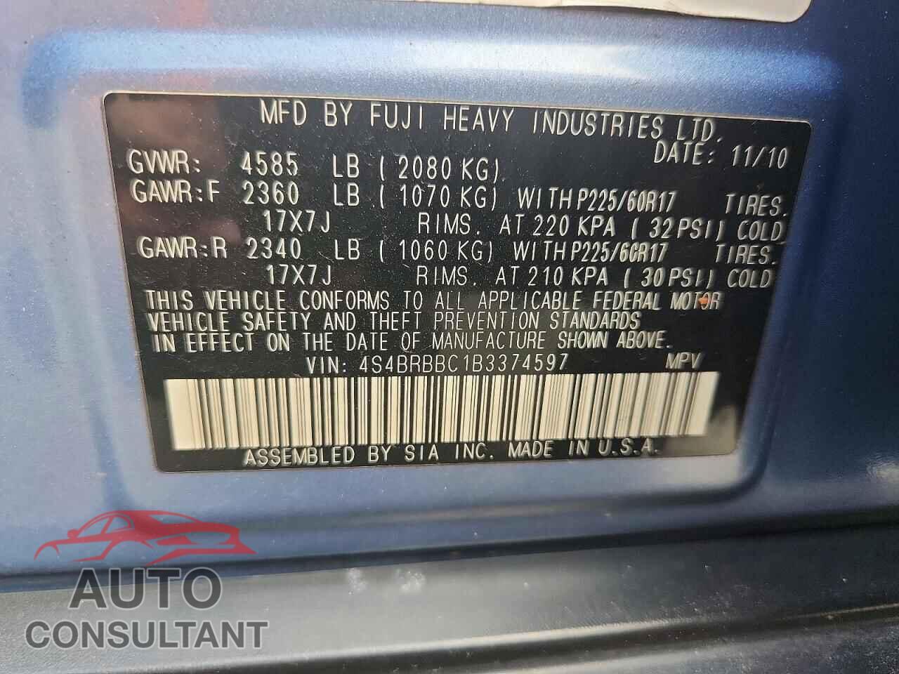 SUBARU OUTBACK 2011 - 4S4BRBBC1B3374597