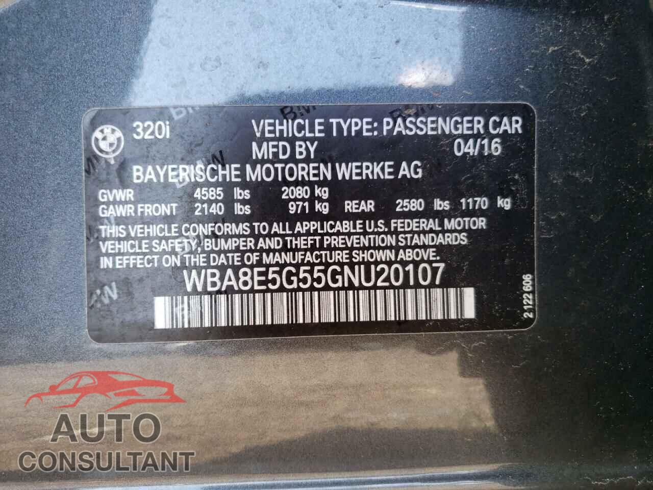 BMW 3 SERIES 2016 - WBA8E5G55GNU20107