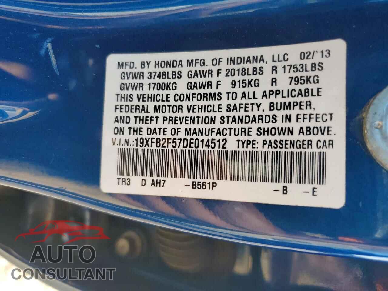 HONDA CIVIC 2013 - 19XFB2F57DE014512