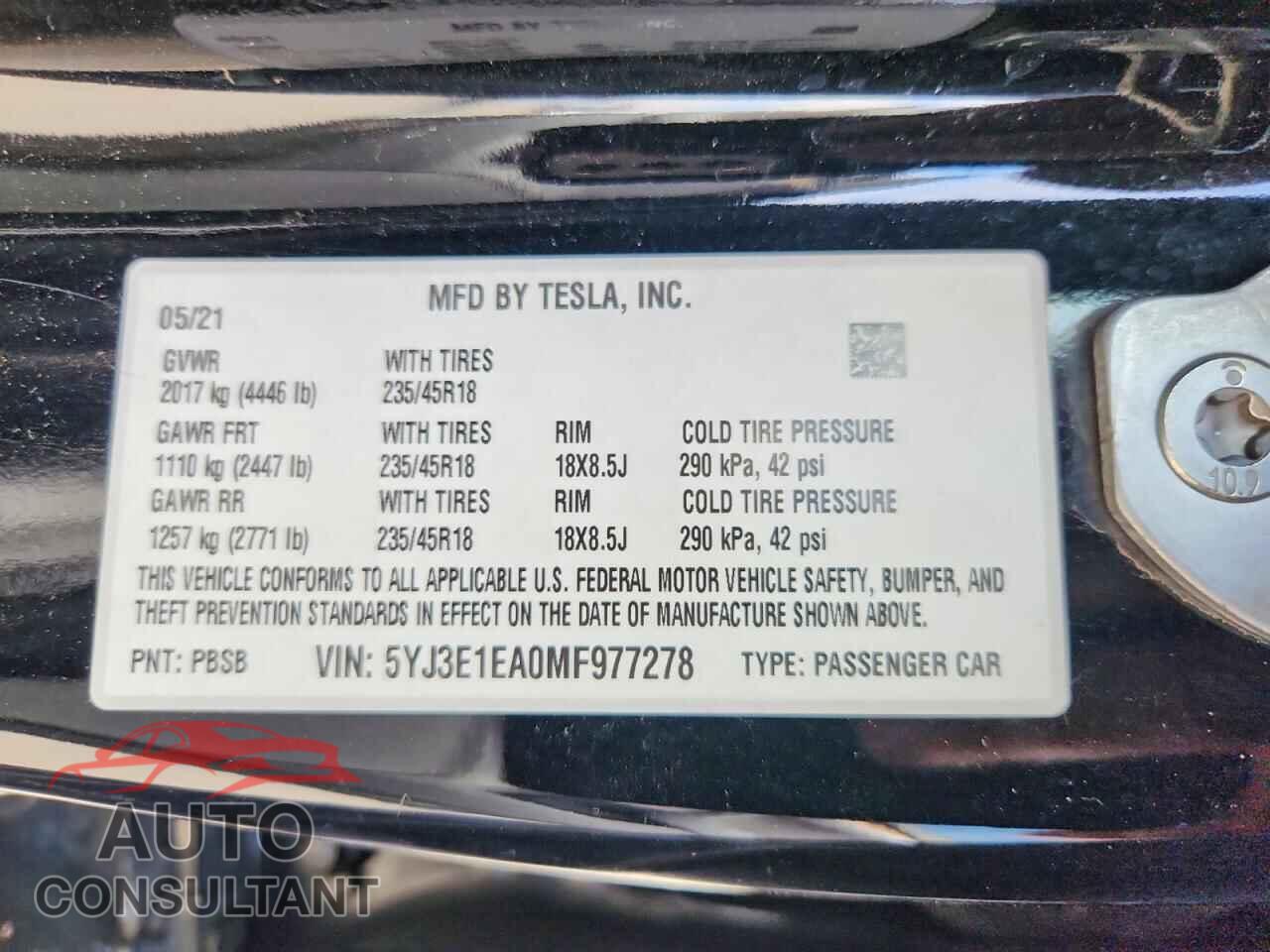 TESLA MODEL 3 2021 - 5YJ3E1EA0MF977278
