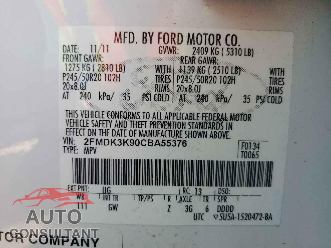FORD EDGE 2012 - 2FMDK3K90CBA55376
