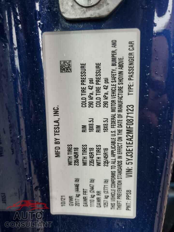 TESLA MODEL 3 2021 - 5YJ3E1EA2MF087123