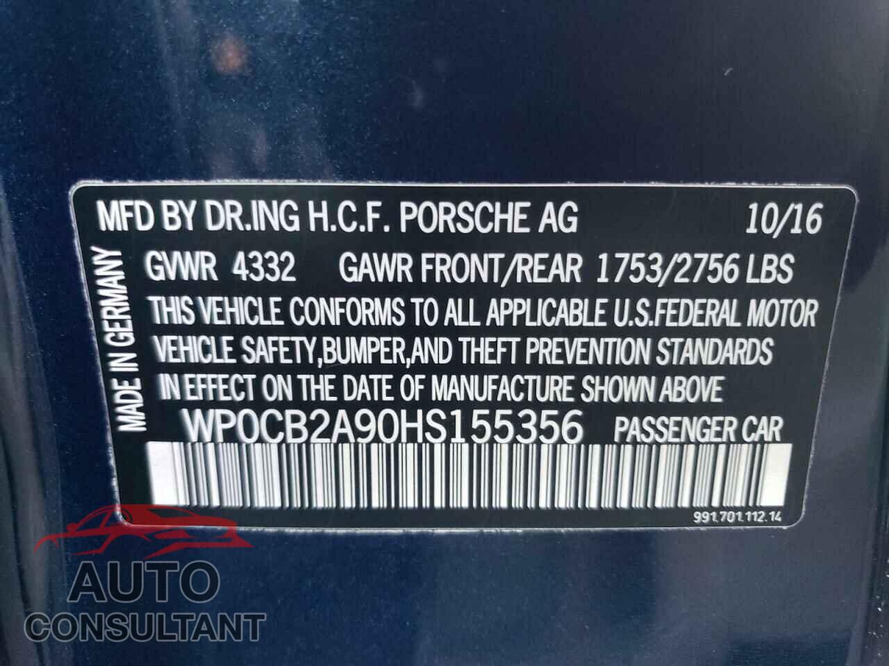 PORSCHE 911 2017 - WP0CB2A90HS155356