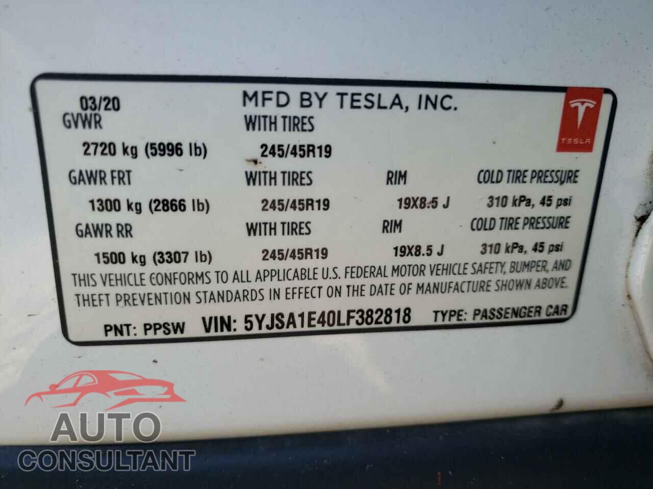 TESLA MODEL S 2020 - 5YJSA1E40LF382818