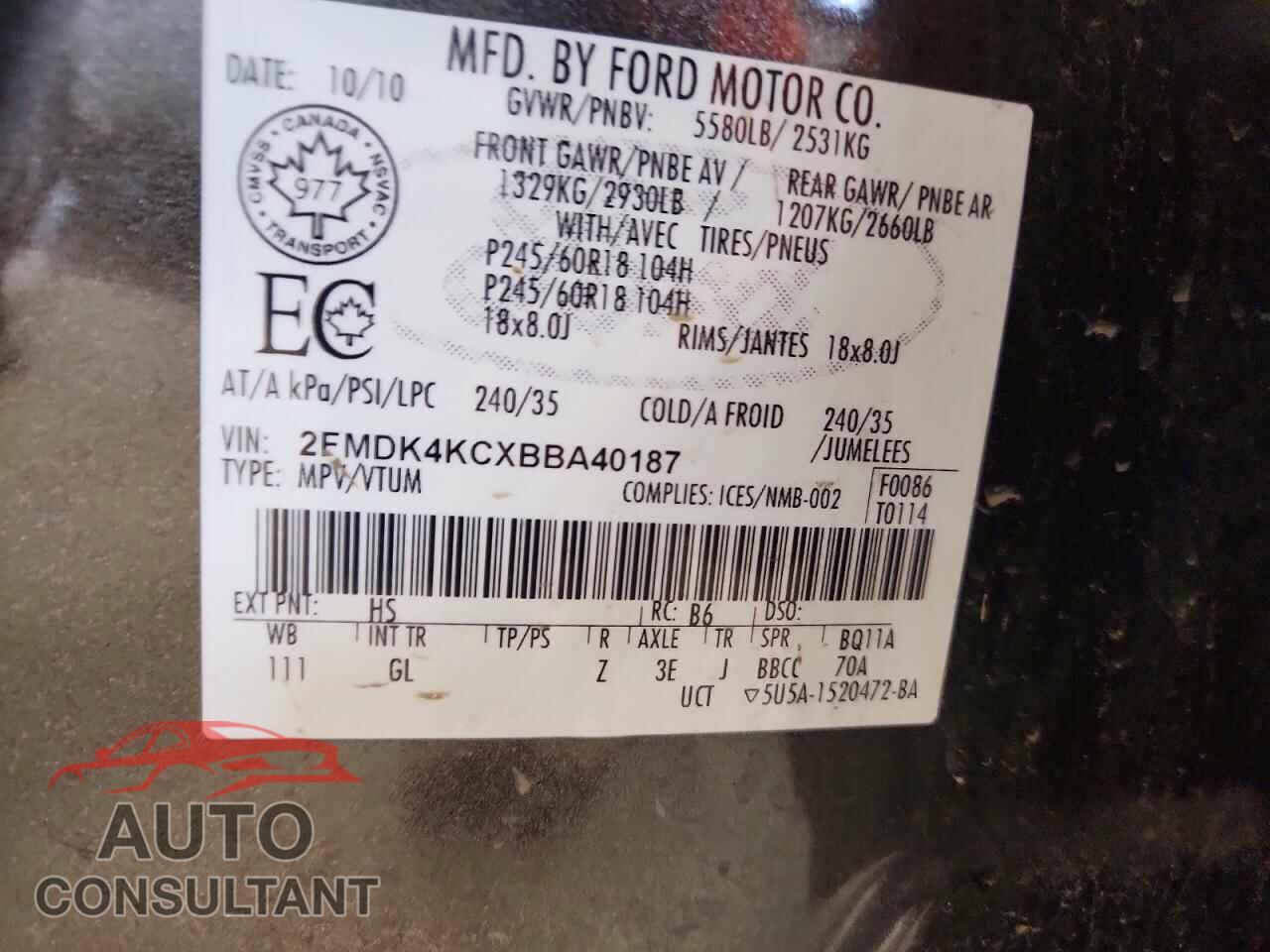 FORD EDGE 2011 - 2FMDK4KCXBBA40187