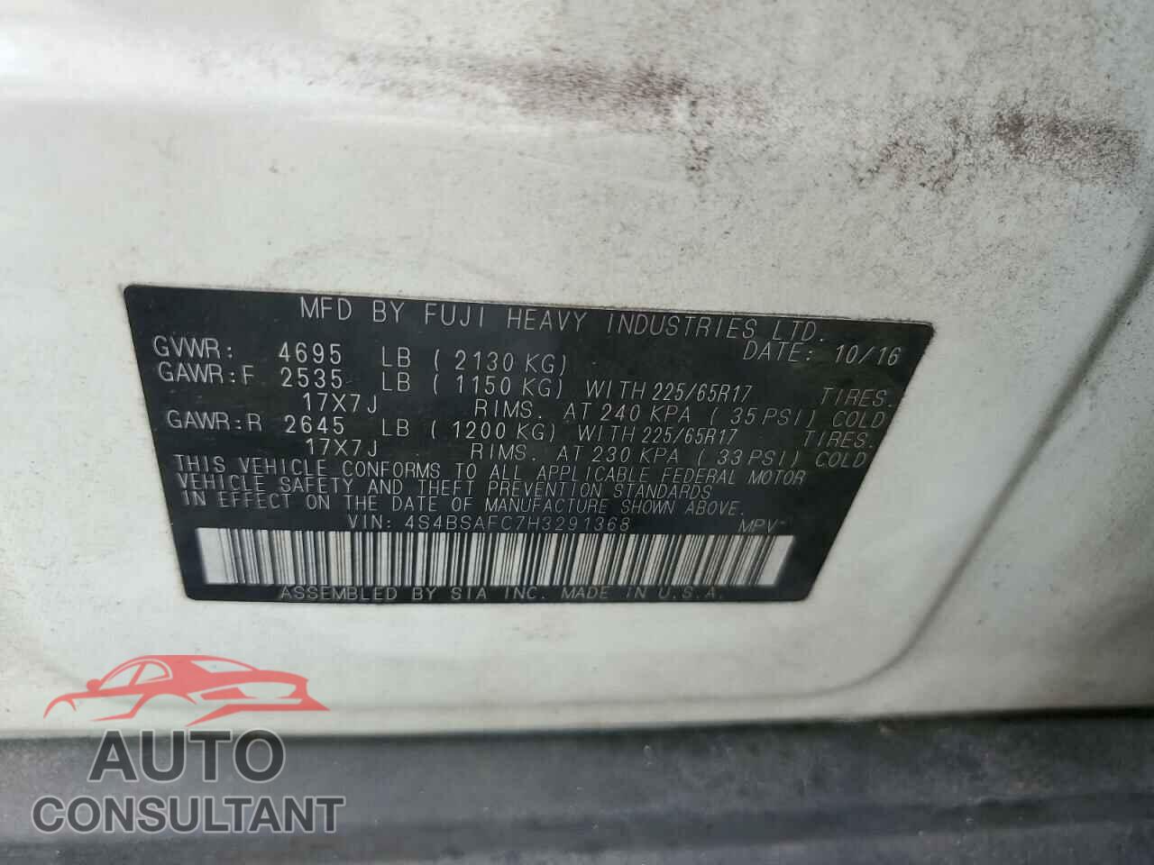 SUBARU OUTBACK 2017 - 4S4BSAFC7H3291368