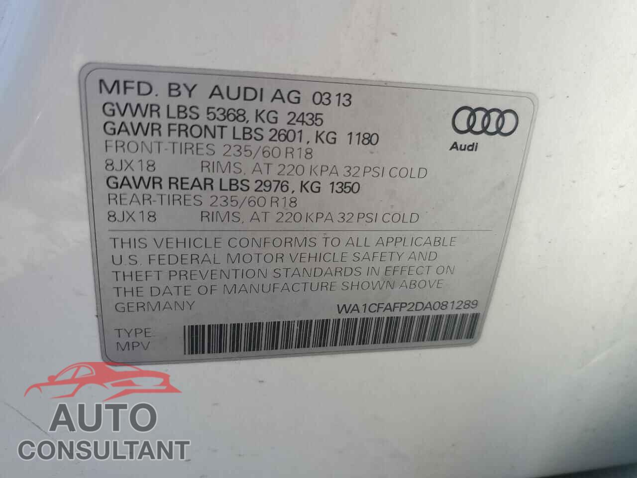 AUDI Q5 2013 - WA1CFAFP2DA081289
