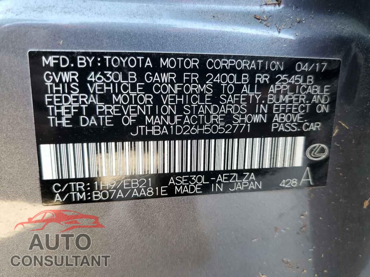 LEXUS IS 2017 - JTHBA1D26H5052771