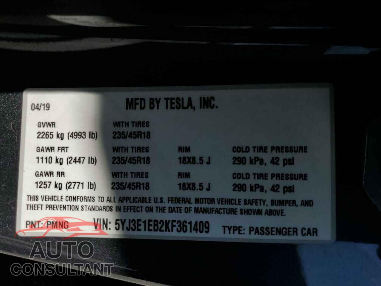 TESLA MODEL 3 2019 - 5YJ3E1EB2KF361409